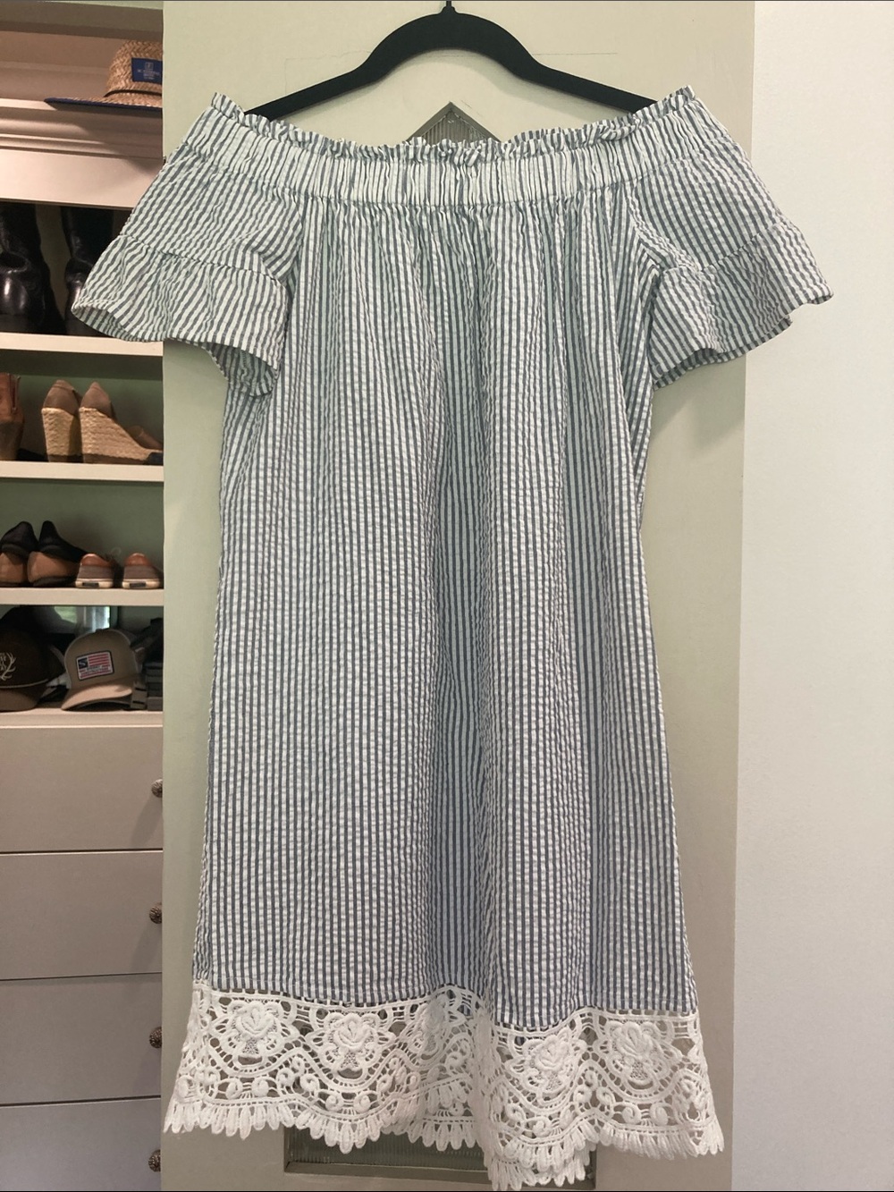LOFT Beach Blue & White Striped Off-Shoulder Dress with Lace Hem